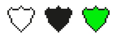 Piksel Sanat Kalkanı Simgesi Seti. Korunma ve güvenlik sembolleri Pixelated Style. Beyaz, Siyah ve Yeşil Varyasyonlar dahil. İzole Vektör İllüstrasyonu.