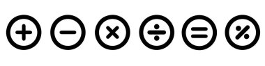 Temel matematiksel sembol. Artı ve eksi simge seti. Matematik sembolü. eşittir sembol. İşaret ekle. İkon çarpımı. Bölüm, Hesap Makinesi ve iş finans konsepti. izole