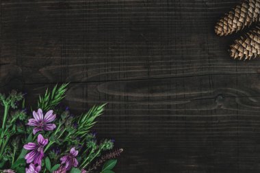 Çeşitli bahar çiçekleri ve ahşap masada çam kozalakları. Koyu ahşap arka planda bir buket yabani çayır çiçeği. Üst görünüm, metin için boşluk kopyala.