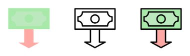 dollar arrow down vector icon in different styles. Line, color, filled outline.