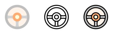 Steering wheel vector icon in different styles. Line, color, filled outline.