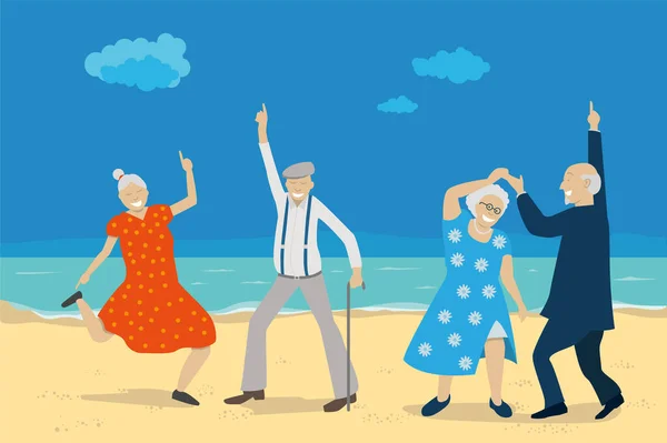 Vektor Illusztráció Mutatja Egy Csoport Nyugdíjas Idős Emberek Táncolnak Parton — Stock Vector