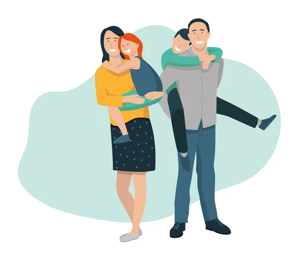Vector Illustration Depicting Family Parents Carry Two Children Arms Happy — Stock Vector