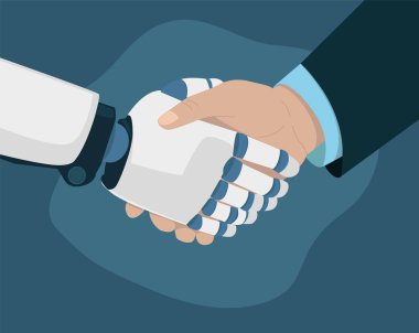 Robot ve insan arasındaki el sıkışmasını gösteren bir vektör çizimi. İnsan yerine makine konulması ve yapay zekanın gelişimi.