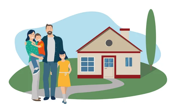 Düz dizaynlı vektör çizimi, mutlu bir aileyi evlerinin önünde bahçelerinde gösteriyor.