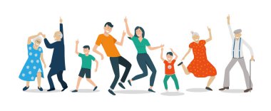 Mutlu çok nesilli aile danslarını gösteren vektör çizimi