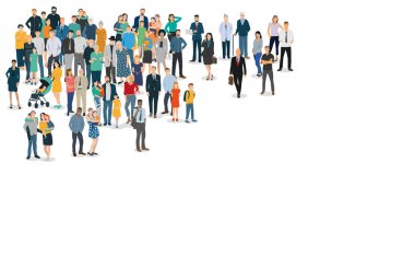 Vektör illüstrasyonu farklı yaş ve kültürlerden çok ırklı karakterleri gösteriyor. Aileler, yaşlılar, çocuklar ve çalışan insanlar..