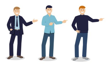 Vektör illüstrasyonu, ellerini sallayarak bir yönü gösteren bir dizi karakter gösteriyor. Parmakla gösteriyorlar.