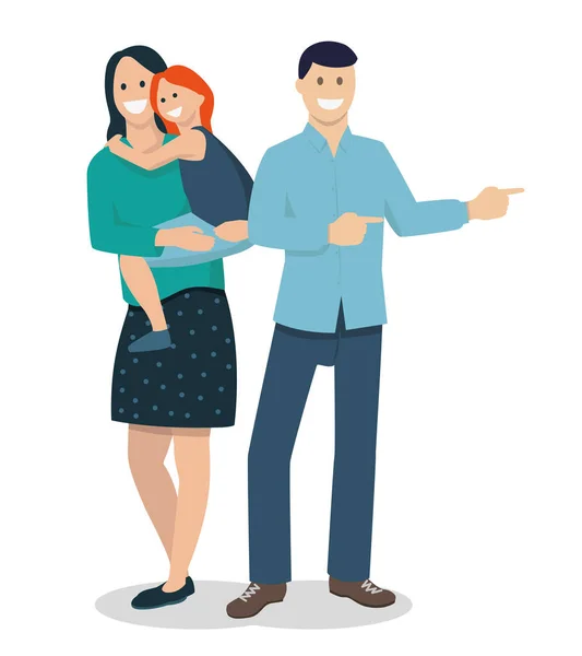 Düz tasarımda vektör illüstrasyonu. Mutlu ve gülümseyen aile ellerini sallayarak bir yön gösteriyor.