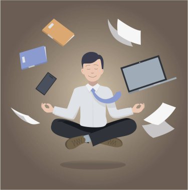 Zen iş adamı meditasyon ve havada kalma pozisyonunda. Ofis işleri objeleri onun etrafında uçuşuyor. İş yerinde mutluluğun sembolü