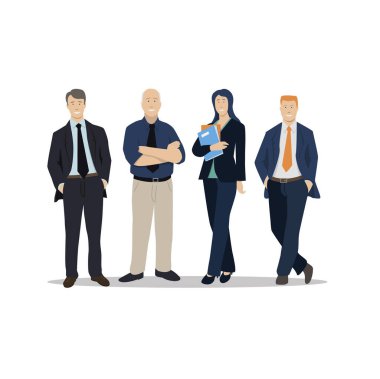 İş adamları ve kadınları, ofis çalışanlarını tasvir eden vektör illüstrasyonu. Gülümseyen bir takım iş başında