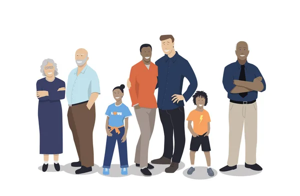 Farklı ırktan mutlu bir aileyi temsil eden vektör çizimi. Ebeveynler, çocuklar ve büyük ebeveynler