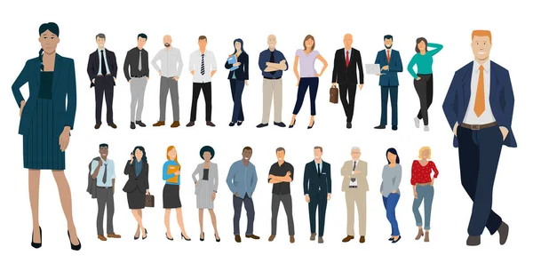 Karakterlerin, iş adamlarının ve kadınların, ofis çalışanlarının bir derlemesini gösteren vektör çizimi