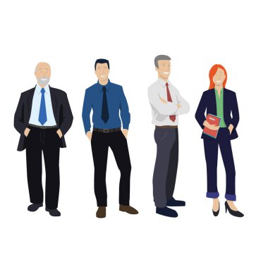 İş adamları ve kadınları, ofis çalışanlarını tasvir eden vektör illüstrasyonu. Gülümseyen bir takım iş başında