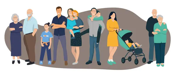 Bir grup karakteri temsil eden vektör çizimi, birkaç nesilden oluşan bir aile, büyükanne ve büyükbabalar, çocuklar ve torunlardan oluşuyor.
