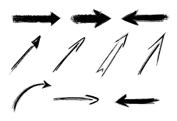 Fırça veya kalem ile çizilmiş işaret okları kümesini gösteren vektör illüstrasyonu