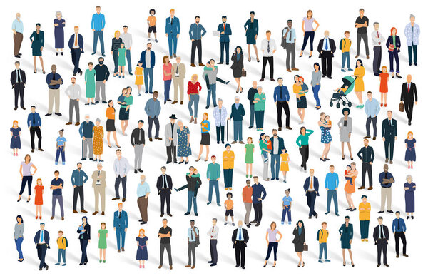 векторная иллюстрация, изображающая большую группу символов на белом фоне. Толпа людей, население страны. Женщины, дети и бизнесмены.
