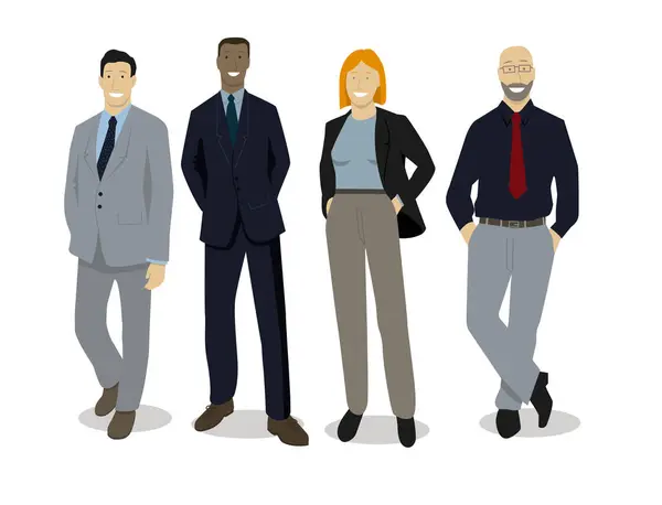 Karakterleri temsil eden vektör çizimi, ofis çalışanı, yöneticiler. Bir şirket içinde gülümseyen ve birleşmiş bir takım.