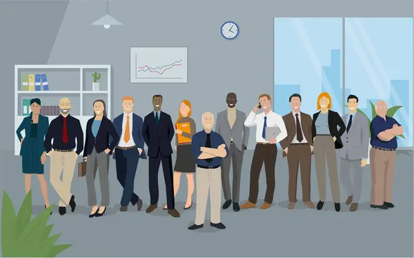 Ofisteki bir takımı temsil eden vektör çizimi şirketin patronunun arkasında birleşmiş..