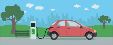 Elektrik priziyle elektrikli bir arabayı temsil eden vektör illüstrasyonu. Çevre koruma ve temiz enerji kavramı