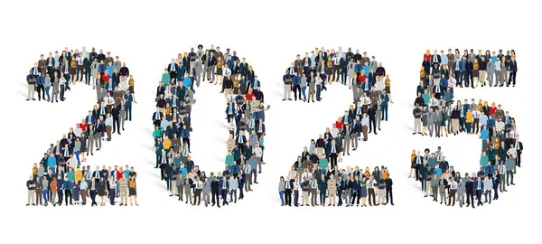 Karakter kalabalığı, şirket çalışanları, ekip üyeleri 2025 sayısını oluşturmak için bir araya geldi. Beyaz arkaplanda Yeni Yıl için tebrik kartı