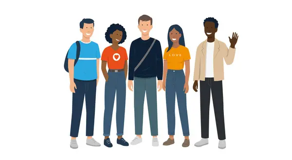 Farklı etnik geçmişlere sahip bir grup genç yetişkin ya da genci gösteren vektör illüstrasyonu, çeşitliliği göstermektedir..