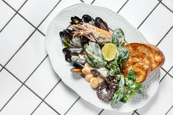 Verschiedene Meeresfrüchte Aus Jakobsmuscheln Miesmuscheln Langoustinen Tintenfisch Mit Salat Einer — Stockfoto