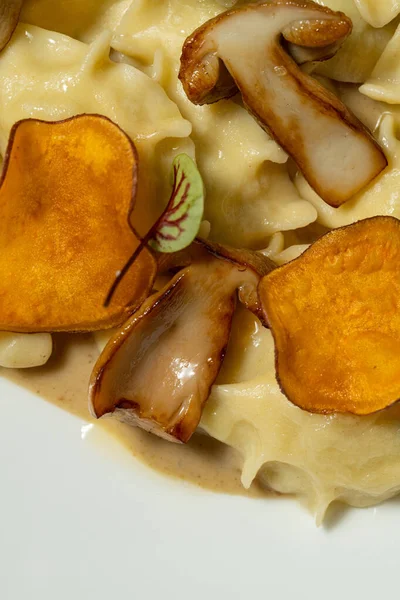 Dumplings Potatoes Fried Mushrooms Sweet Potato Chips Top Food Lies — Stock Photo, Image