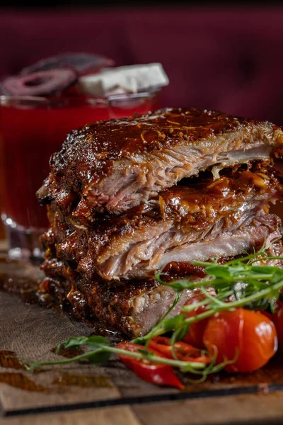 Ribbon Pork Ribs Spicy Chili Sauce Cherry Tomatoes Microgreen Sprouts — Stock Photo, Image