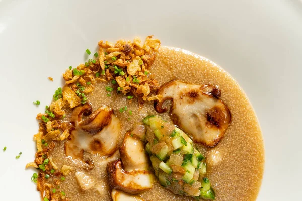 Porridge Grilled Mushrooms Vegetable Tabouleh Light Ceramic Plate Dish Stands — Stock Photo, Image