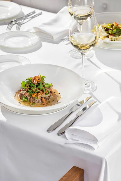 Steak Chanterelle Mushrooms Salad Trout Light Ceramic Plates Light Tablecloth — Stock Photo, Image