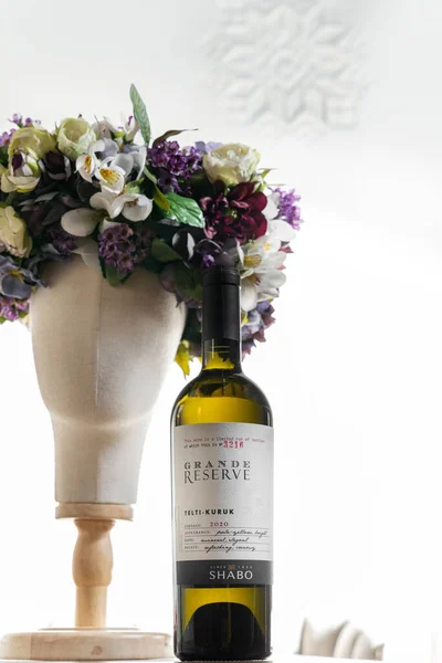 Bottle Ukrainian White Dry Wine Shabo Stands Wooden Tabletop Background — Stock Photo, Image