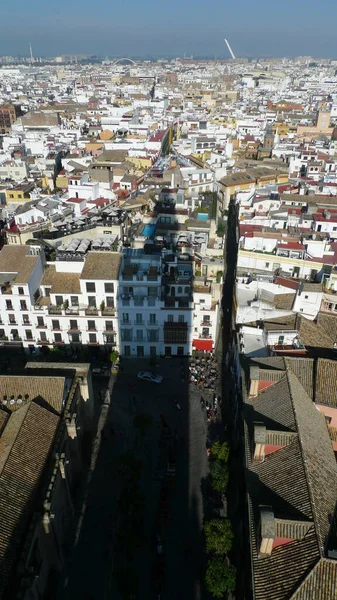 İspanya 'nın çan kulesi gölgesiyle yukarıdan Sevilla' nın panoramik manzarası
