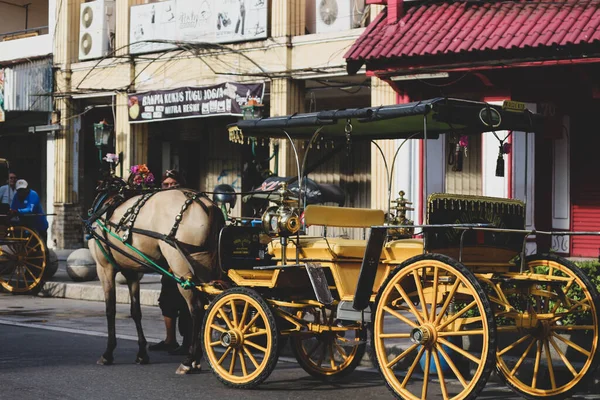 2022年10月23日 印度尼西亚日惹 Andong 或马车 Horse Drawn Carriage 其车夫停在加兰马利奥博罗上 等候乘客 通常去日惹度假的游客会开车去 — 图库照片