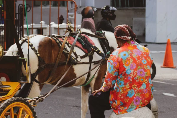 日惹Jalan Malioboro的马车或Andong司机的后视镜 带有典型的爪哇蜡染服装和布隆肯帽 — 图库照片