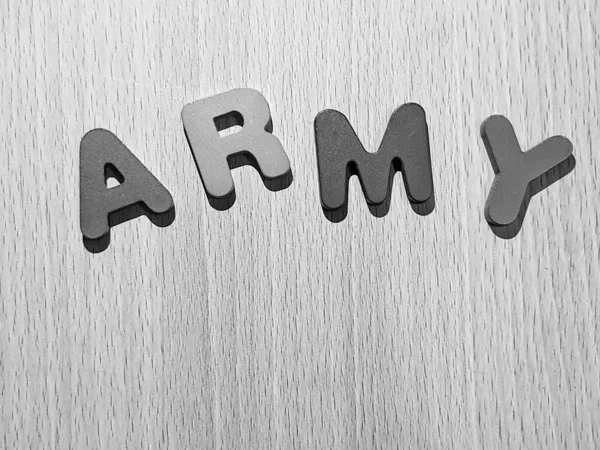 Czarno Białe Zdjęcie Alfabetu Drewnianym Stole Napisem Army Armia Jest — Zdjęcie stockowe