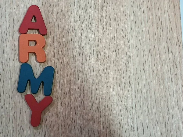 Foto Dell Alfabeto Tavolo Legno Con Scritto Army Army Fandom — Foto Stock