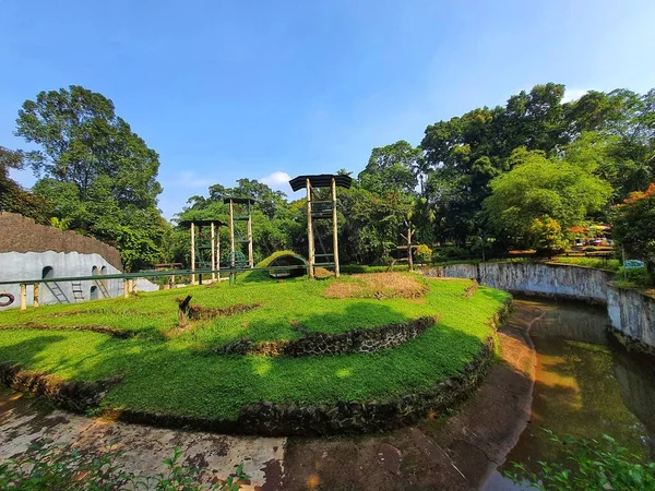 Landscape architecture of a monkey, chimpanzee or orangutan enclosure at the Ragunan Zoo, Jakarta.