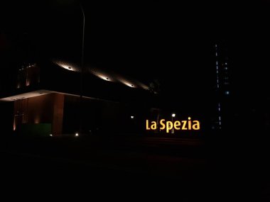 Bekasi, Indonesia - July 2022 : The logo of La Spezia that glows in the dark. La Speia is a restaurant area in Summarecon Bekasi which is located near the lake