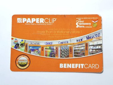 West Java, Indonesia on July 2022. Isolated photo of a loyalty card, Benefit Card Paperclip. With this card, every time you make a transaction at a Paperclip shop, you will get points that can be exchanged for shopping vouchers.