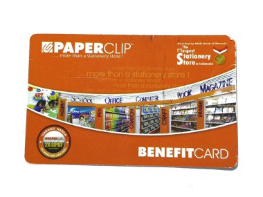 West Java, Indonesia on July 2022. Isolated photo of a loyalty card, Benefit Card Paperclip. With this card, every time you make a transaction at a Paperclip shop, you will get points that can be exchanged for shopping vouchers.