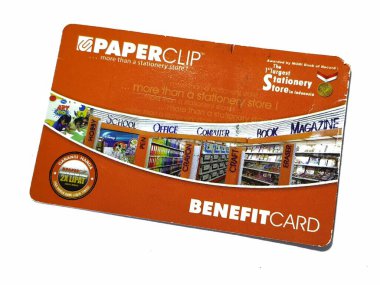 West Java, Indonesia on July 2022. Isolated photo of a loyalty card, Benefit Card Paperclip. With this card, every time you make a transaction at a Paperclip shop, you will get points that can be exchanged for shopping vouchers.