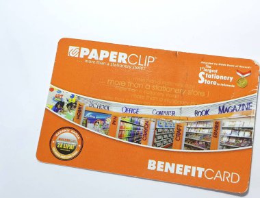 West Java, Indonesia on July 2022. Isolated photo of a loyalty card, Benefit Card Paperclip. With this card, every time you make a transaction at a Paperclip shop, you will get points that can be exchanged for shopping vouchers.