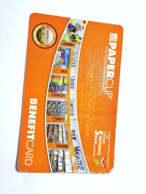 West Java, Indonesia on July 2022. Isolated photo of a loyalty card, Benefit Card Paperclip. With this card, every time you make a transaction at a Paperclip shop, you will get points that can be exchanged for shopping vouchers.