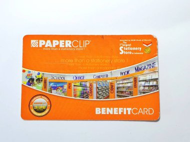 West Java, Indonesia on July 2022. Isolated photo of a loyalty card, Benefit Card Paperclip. With this card, every time you make a transaction at a Paperclip shop, you will get points that can be exchanged for shopping vouchers.