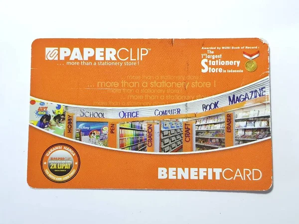 West Java, Indonesia on July 2022. Isolated photo of a loyalty card, Benefit Card Paperclip. With this card, every time you make a transaction at a Paperclip shop, you will get points that can be exchanged for shopping vouchers.