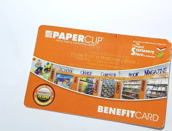 West Java, Indonesia on July 2022. Isolated photo of a loyalty card, Benefit Card Paperclip. With this card, every time you make a transaction at a Paperclip shop, you will get points that can be exchanged for shopping vouchers.