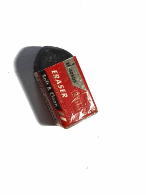 Jakarta, Indonesia in July 2022. Isolated white photo of a KENKO brand eraser, to erase writing from pencils. This eraser is made of black rubber.