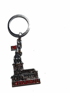 Jakarta, Indonesia in July 2022. Isolated white photo of an ISTANBUL Keychain, with the image of the galata tower and the turkish flag on it. Souvenirs from people on vacation in Turkey.