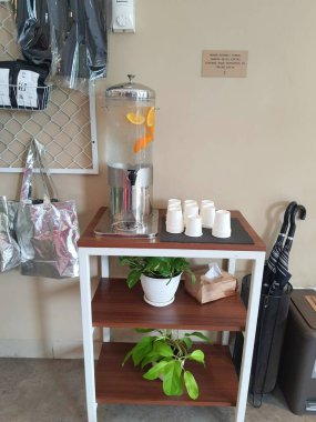 West Java, Indonesia in April 2022. Free infused water is provided at the TUKU coffee shop, provided for buyers who are waiting for orders.